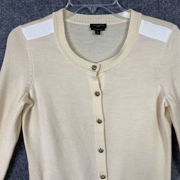Talbots Cardigan Merino Wool Women Petite S Pale Yellow Pockets Gold Buttons - Picture 2 of 12